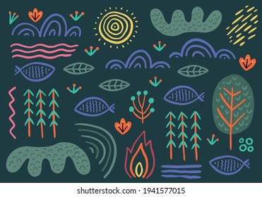 nature vector colorful hand-drawn background. Sun, cloud, mountain, tree, bonfire, terrain.