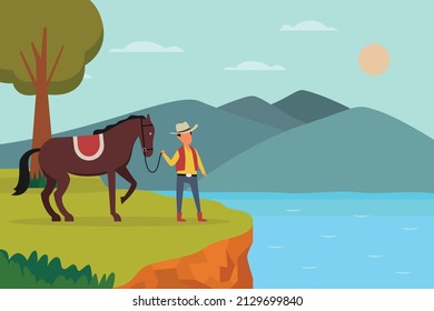 Nature vector concept. Cowboy holding his horse while standing on the cliff with mountain background