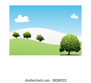 Nature vector concept. Green meadow with trees and blue sky