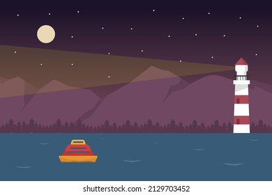 Nature Vector Concept. Lighthouse Giving Light Signal On The Shoreline With Starry Sky Background