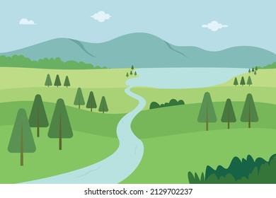 Nature vector concept. River flowing calmly across dense green forest with mountain background