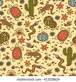 Nature. Vector Desert background. Desert Animals seamless pattern. Hand drawn doodle Cactus, reptiles (turtle, snake, lizard) 
