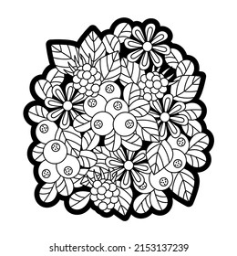 Naturvektordoodles-Illustration. Beeren und Blumen mit Blättern. Farbseiten . Handgezeichnete schwarz-weiße Vektorgrafik.