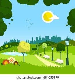 Nature. Vector Empty Landscape with City on Background.