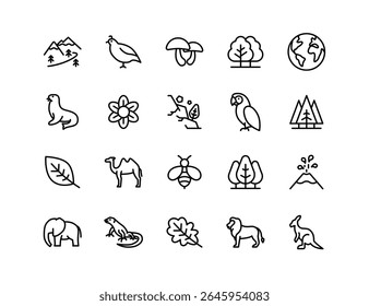 Nature Vector Icon Set | Adjustable Line Weight | Wildlife, animals, plants, mountains, trees, earth, birds, mushrooms, flowers, environment, leaf, bee, jungle, safari icons