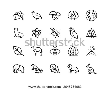 Nature Vector Icon Set | Adjustable Line Weight | Wildlife, animals, plants, mountains, trees, earth, birds, mushrooms, flowers, environment, leaf, bee, jungle, safari icons