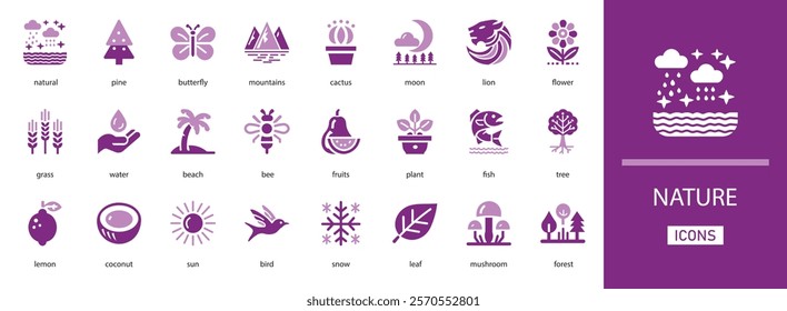 Nature vector icon set. with  beach,  flower, forest, sun, fruits, bird, plant, mountains and more solid symbol 
