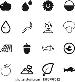 nature vector icon set such as: delicious, mountain, tourist, garden, acorn, mushrooms, tourism, top, earth, sweet, work, edible, recycling, blade, blossom, decoration, grain, campfire, cereal, brown
