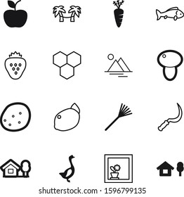 nature vector icon set such as: carrot, closeup, top, mountain, tattoo, blade, strawberry, field, flower, snow, happy, mushroom, texture, juicy, fishing, concept, holiday, seafood, brown, life