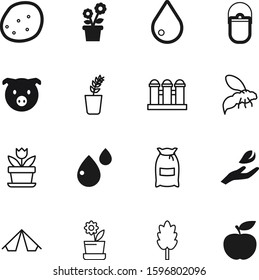 nature vector icon set such as: camping, corn, eco, soil, pan, pig, macro, lines, cereals, pork, dessert, picnic, weekend, bonfire, full, yellow, wellness, technology, campfire, sack, potatoes