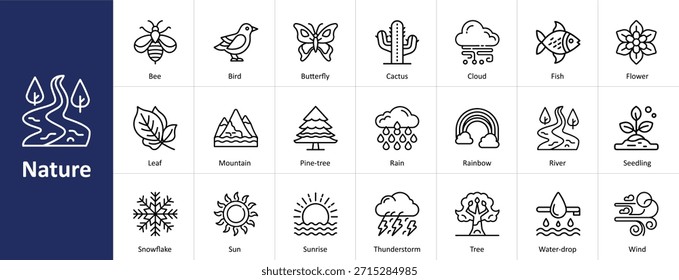 Ícone do vetor da natureza definido com os símbolos de clima, vida selvagem e meio ambiente
