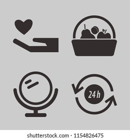 nature vector icons set. with basket apple apricot pear, heart hand, mirror and recycle hours in set