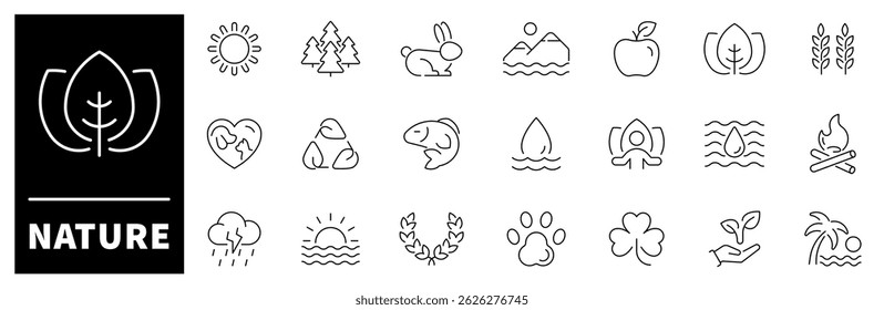 Iconos del vector de la Naturaleza. Naturaleza de línea delgada icono de colección. Ecología, medio ambiente, sostenibilidad, naturaleza, reciclar, energía renovable, iconos relacionados con el medio ambiente
