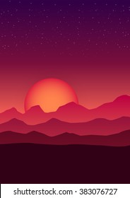 Nature vector illustration landscape background. Silhouette mountain and sun.