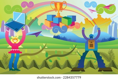 Nature. vector illustration of landscape natural background,  people achieve what they want. Drawings from the hand of summer and spring