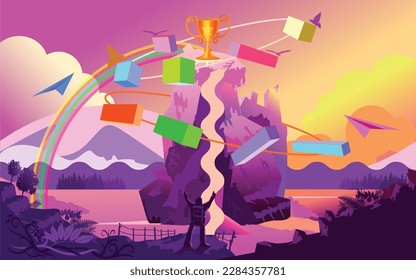 Nature. vector illustration of landscape natural background,  people achieve what they want. Drawings from the hand of summer and spring