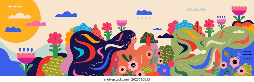 Nature vector illustration. Landscape with trees, flowers and rivers