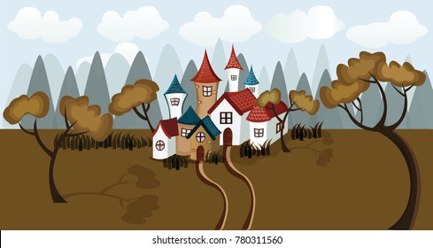 Nature vector illustration of a small village  for print, web, 