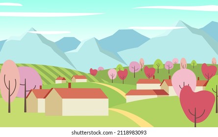 Nature. Vector illustration of a spring landscape, mountains, trees, forest, houses and a village. Drawing of a European village and a village for a poster, background or postcard. Cartoon flat vector