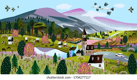 Nature. Vector illustration of a summer and spring landscape, mountains, trees, forest, houses, church, chapel and village. Drawing of a European village and a village for a poster or background 