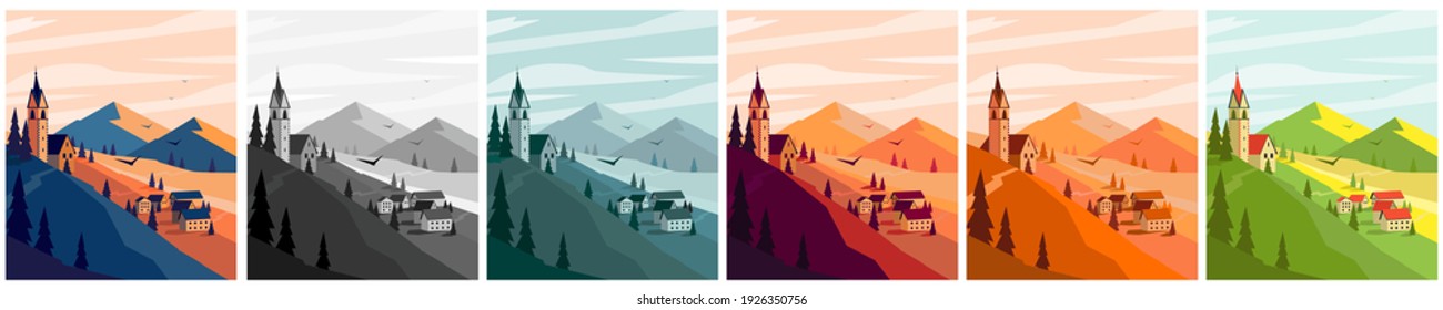 Nature. Vector illustration of a summer and spring landscape, mountains, trees, forest, houses and a village. Drawing of a European village and a village for a poster, background or postcard  