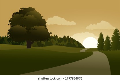 Ilustración vectorial de la naturaleza con puesta de sol