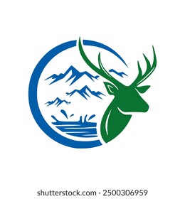 Nature vector illustration. There are mountains, rivers and deer.