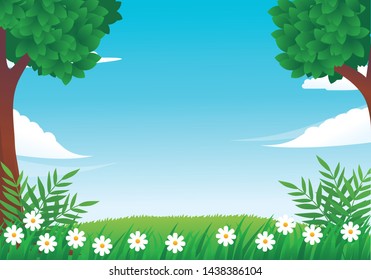 Nature vector illustration with tree, grass, flower and blue sky suitable for background or frame design 