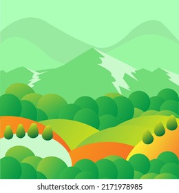 Nature vector illustration of trees, forest, mountains, flowers, plants, fields, farms and villages. Picture for background, card or cover.