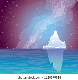 Nature vector landscape - blue sea and big iceberg on a night starry sky with northern lights. 