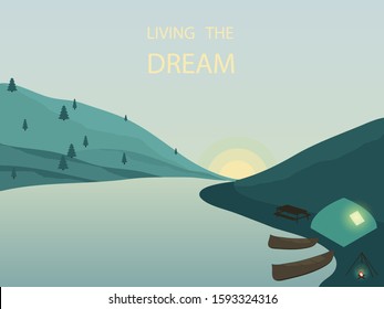 Nature vector landscape with camping, tent, campfire, poyke, table, forest, sky,  sunrise, mountain, river, canoe includes wording "Living the dream". For your posters, flyers and decoration.