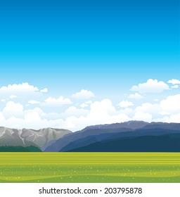 Nature vector landscape with green field, forest and mountains on a blue sky with clouds.