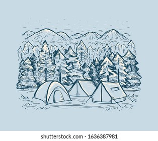 Nature vector landscape. Hand drawn illustration in blue colors. Sketch vector landscape with coniferous forest, tents, mountains. Touristic camp with tents. Design for print, poster, banner, card