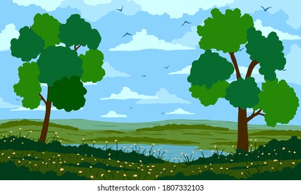 nature vector landscape. lake at field