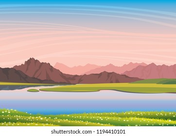 Nature vector landscape. Summer illustration with calm lake, pink mountains, green grass with blooming flowers and sunset sky background.