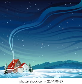 Nature vector landscape - Winter night with house and smoke on a starry sky.