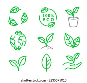 Nature Vector line icons. Green leaf line