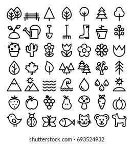 Nature vector line icons, minimalist park, animals, ecology, organic food design - big pack 