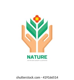 Nature - vector logo concept illustration in flat style design. Health sign. Ecology symbol. Human hands with sprout and flower.