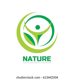 Nature - vector logo template concept illustration in flat style. Abstract shapes. Green leaf and human character silhouette creative sign. Biotechnology symbol. Design element. 