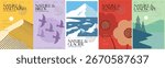 Nature. Vector modern abstract geometric illustrations of sand dunes and desert, birds, glacier, flowers and landscape with lake, mountains and fir tree for poster, cover or background