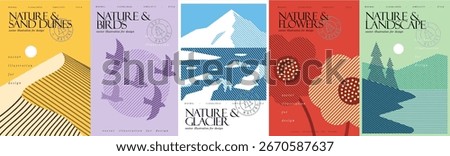 Nature. Vector modern abstract geometric illustrations of sand dunes and desert, birds, glacier, flowers and landscape with lake, mountains and fir tree for poster, cover or background