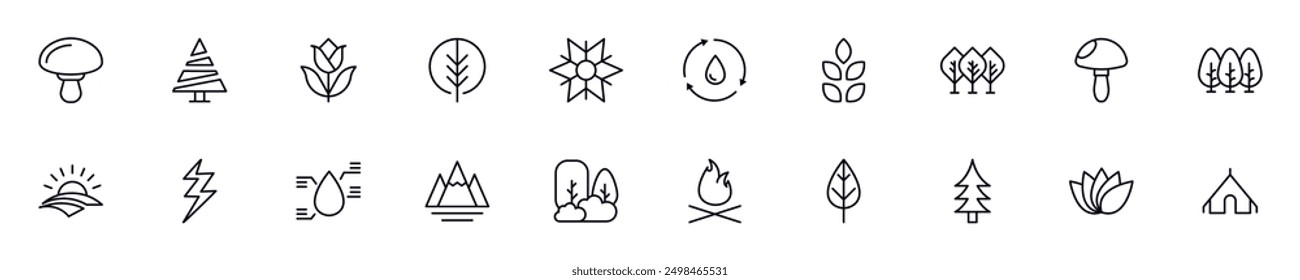 Nature vector outline icons drawn with black thin line. Editable stroke. Simple linear illustration that can be used as a design element for apps and websites