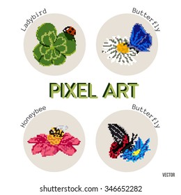 Nature vector pixel art, flower, animals summer icons set