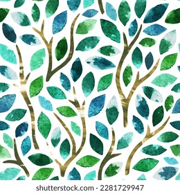 Nature vector seamless pattern with watercolor green branches with leaves on white background.  Design for textile print, page fill, gift wrapping, fabric, web