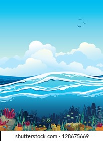 Nature vector seascape with underwater creatures and blue cloudy sky over surface