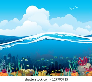 Nature vector seascape with underwater creatures and blue cloudy sky over surface