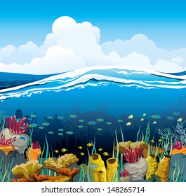 Nature vector seascape with underwater creatures and night starry sky over surface