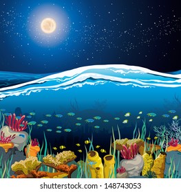 Nature vector seascape with underwater creatures and night starry sky over surface