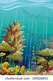 Nature vector seascape with underwater creatures and coral reef